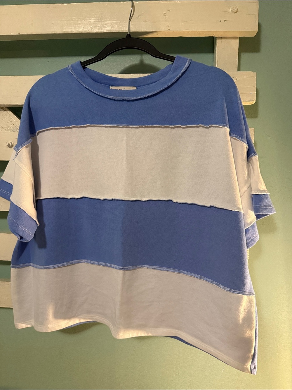 Zenana Cornflower Blue French Terry Color-Block Exposed Seam Short-Sleeve Top